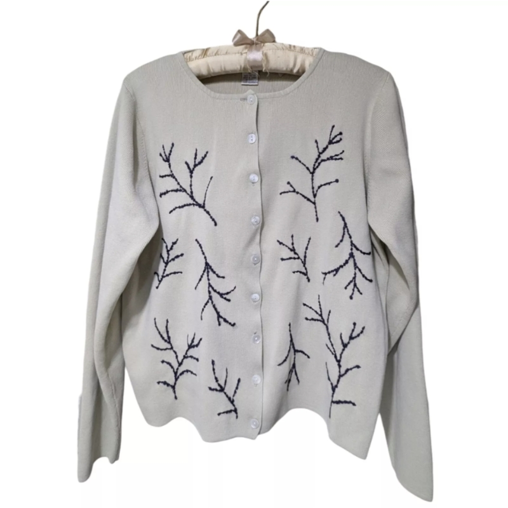 Vtg Embroidered Cotton Cardigan Sweater Women Tehama Nancy Haley Twig Pattern, M